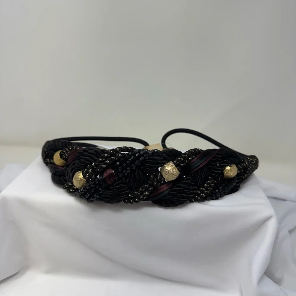 Vintage Braided Rope Belt Black Gold Beaded Statement Belt Boho